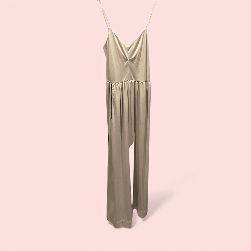 Vintage 70s creamy tan jumpsuit super bellbottoms ballerina top pocket jacket